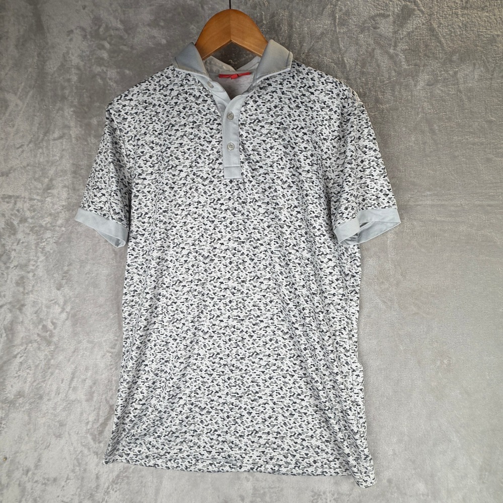 Redvanly Mens Grey Geometric‎ Dot Print Short Sleeve Performance Polo Shirt S
